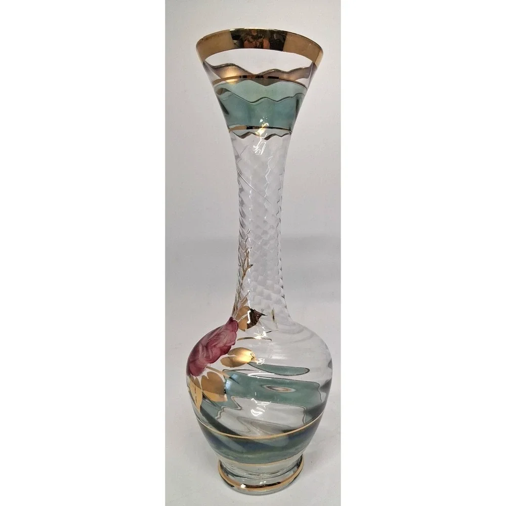 Vintage Bohemian Glass Vase with Enamel Rose Decoration and Gold Accents